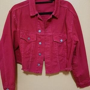 Red denim cropped jacket